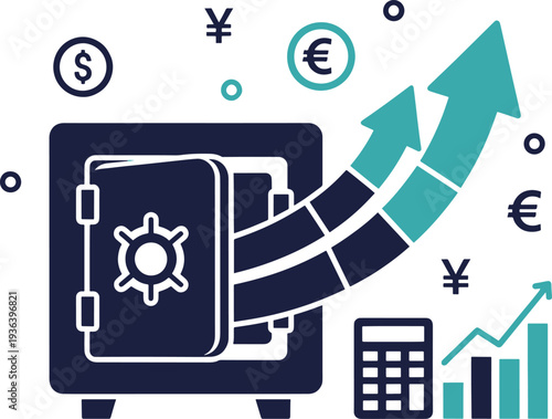 Financial Fortress: Illustration depicts a sturdy safe, symbolizing security and financial growth, with upward-trending arrows and currency symbols.