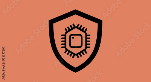 Shield with Microchip and Sunburst Icon.