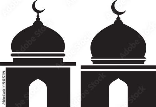 Stylized mosque domes with crescent moons, representing Islamic culture, religious buildings, and prayer for Ramadan, Eid, and cultural designs.