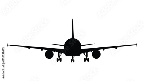 A black silhouette of a commercial airplane flying