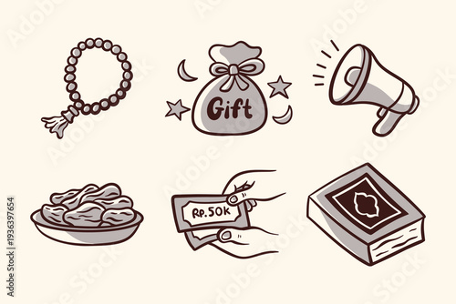 Handdrawn Islamic Cultural and Charitable Icons Set Featuring Prayer Beads, Dates, Gift, Alms, and Holy Book Elements, Perfect for Festive Occasion Designs