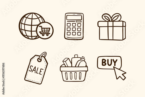 Handdrawn Digital Shopping and E-commerce Icon Set Engaging sketchy elements for online retail, featuring global purchasing, sale indicators, buy options, and product baskets