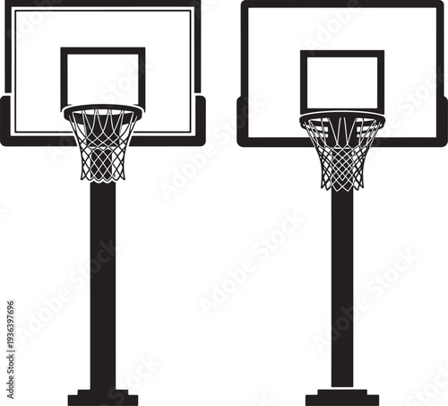 Basketball hoop and backboard icons in silhouette, perfect for sports graphics, game concepts, and athletic branding for basketball enthusiasts.
