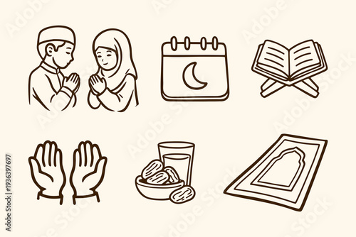 A delightful Handdrawn vector illustration set of Ramadan and Islamic prayer icons, featuring cultural elements like dates, holy book, and children praying