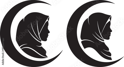 Silhouette of a Muslim woman wearing a hijab inside a crescent moon, representing Islamic faith and tradition.