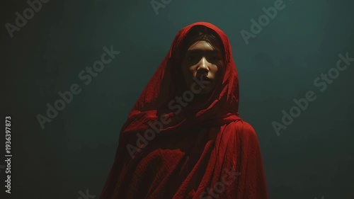 In a striking display of beauty, an Asian woman model stands confidently, draped in a rich red cloth