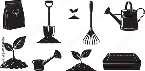 Gardening tools and plants for growing and nurturing outdoors