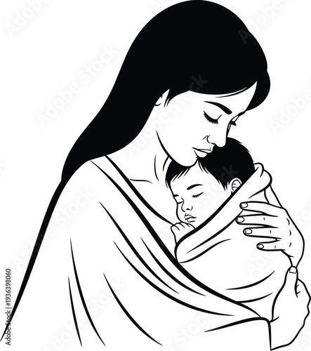 Tender moment of a mother holding and kissing her sleeping baby in her arms