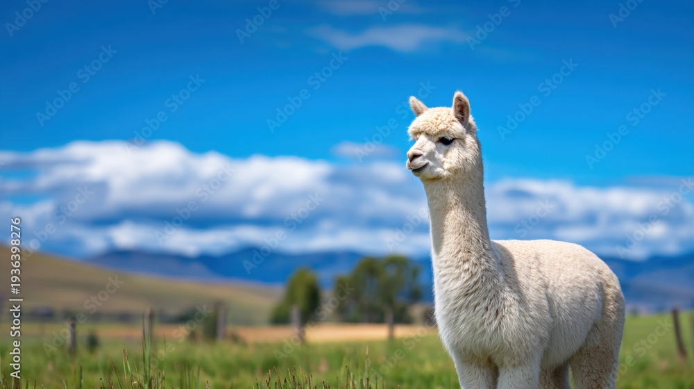 Obraz premium A serene white alpaca stands against a backdrop of clear blue sky and distant mountains