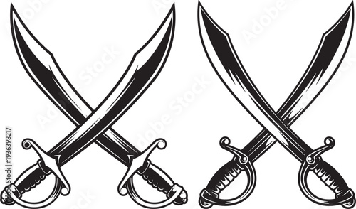 Two crossed pirate sabers or cutlasses with ornate hilts, symbolizing adventure, danger, and maritime history.