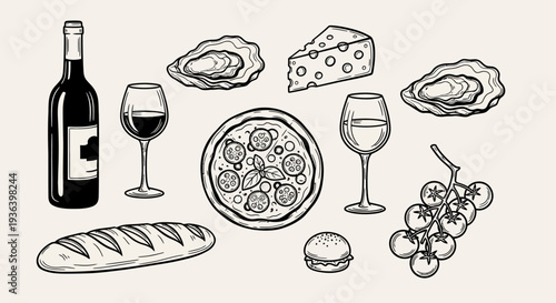A still life illustration of food and wine on a table setting indoors with a plate of oysters and grapes