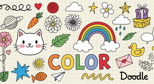 Vibrant doodles of cat, rainbow, flowers, gifts, and icons fill the page with colorful illustrations.