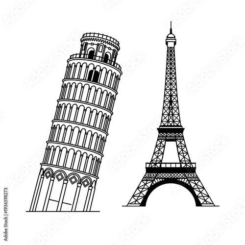 Leaning Tower of Pisa and Eiffel Tower outline illustration, iconic landmarks
