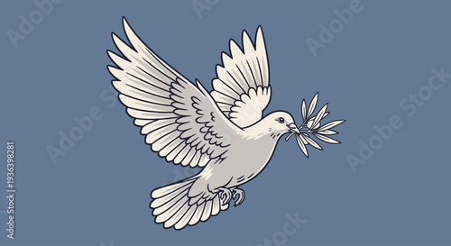 A white dove flies with an olive branch in its beak outdoors.