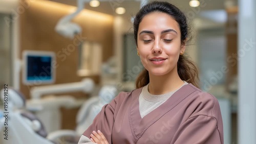 A skilled dentist stands in a bright dental clinic, sharing advice on maintaining good oral hygiene. Her warm smile and professional demeanor create a welcoming atmosphere for patients