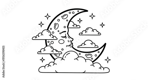 A mystical moonlit night sky with crescent moons, clouds, and stars shines brightly.