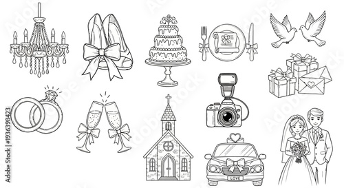 Wedding decorations and symbols are shown in a detailed line drawing