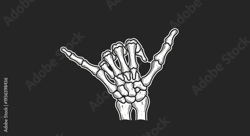 A skeleton hand makes a rock gesture on a black background with white outline