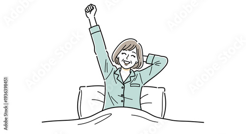 Woman stretches in bed with joyful expression and raised arm in morning