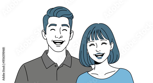 Illustration of smiling couple with blue hair standing together happily