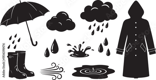 Rainy Day Essentials and Weather Elements Icon Set Illustration