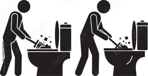 Black and white illustration of stick figures cleaning toilets with brushes, symbolizing hygiene and sanitation tasks.