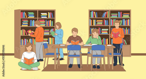 Students study together at tables in a library with bookshelves
