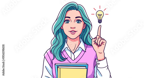 A woman with turquoise hair holding books has an idea with a lightbulb