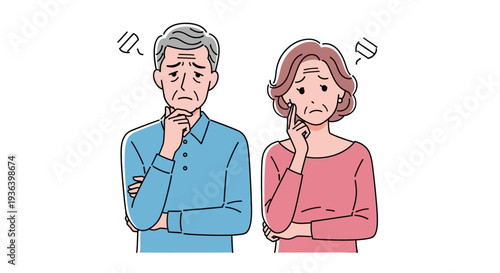 Elderly couple thinking deeply together indoors with puzzled expressions on their faces