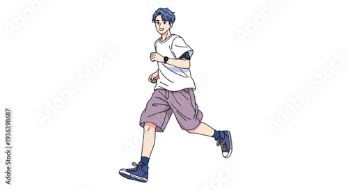 Man wearing white shirt runs fast in purple shorts outside