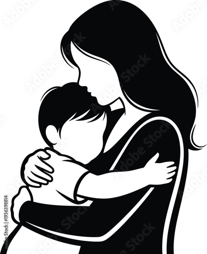 Black and white illustration of a mother tenderly hugging her young child