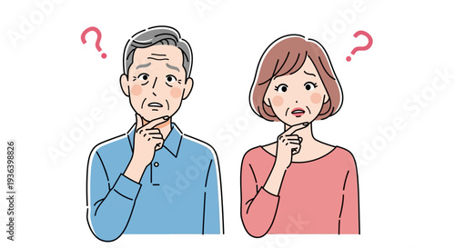 Confused elderly couple thinking deeply with questioning expressions
