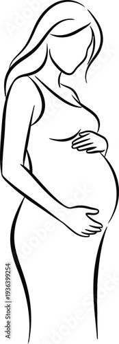 A pregnant woman in a simple line drawing style cradling her belly with both hands
