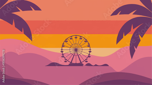 Vibrant ferris wheel at sunset with palm trees and mountains in a colorful landscape