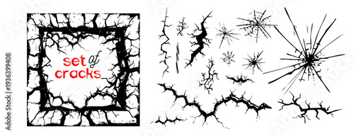 Ground crack . fissure for concrete, ice or stone wall effect. Realistic earthquake damage and road split for destruction or desert concept. . Hand drawn. Not AI, Vector isolated set.
