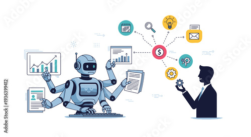 Vector illustration of robot and businessman with data visualization icons