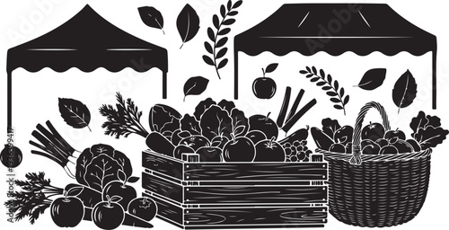 Fresh produce market illustration with tents and baskets