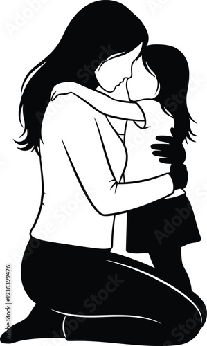 A woman kneeling down and hugging a little girl in a black and white illustration
