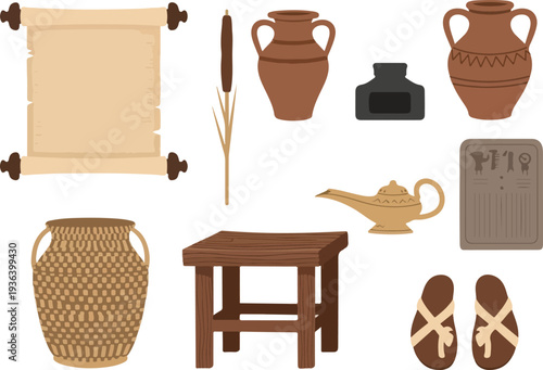 Ancient artifacts and cultural objects arranged on a white background from an overhead viewpoint