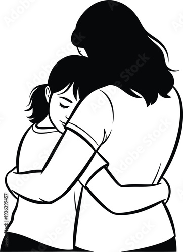 A woman is hugging a little girl with her eyes closed in a warm embrace