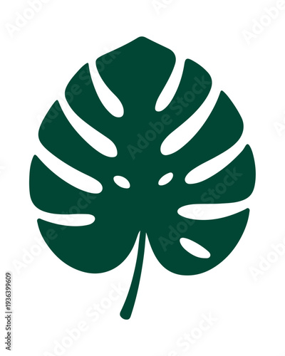 Dark Green Monstera Leaf Silhouette, Tropical Swiss Cheese Plant Botanical Flat Design Illustration Isolated on White Background