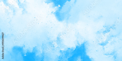 Panorama of blue sky and White cloud nature background .Classic hand painted Blue watercolor background for design.Aquarelle hand painted paper textured canvas for vintage ,invitation card, template.	