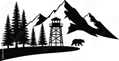 Black and white forest silhouette with mountains, pine trees, fire lookout tower, and bear, symbolizing wilderness, nature, and outdoor exploration.