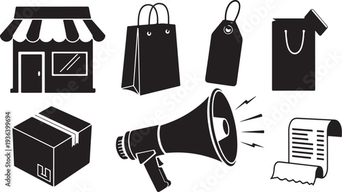 Black and white shopping icons and advertising concept
