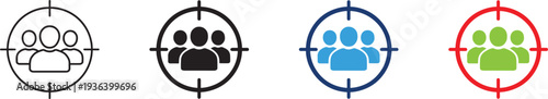 Audience targeting icon set with people in target circles for marketing analytics strategy.
