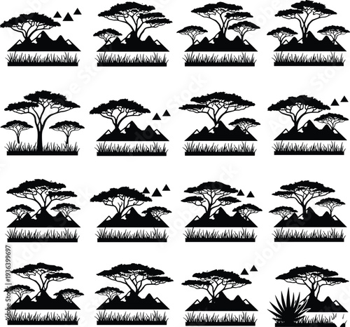 African savanna landscape silhouettes with acacia trees, grass, hills, and mountains for nature, wilderness, outdoor, and design themes