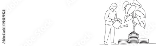 Person watering a plant growing from stacks of coins representing financial growth and investment.