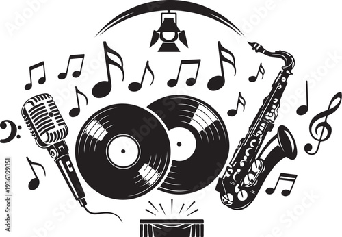 Music Instruments and Vinyl Records in Black and White