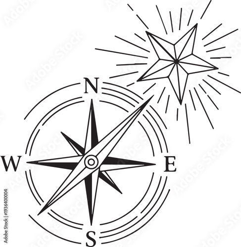 Black and white line drawing of a compass rose with a shining star in the upper right.