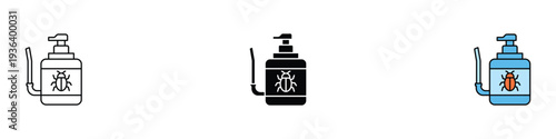 Pesticide spray bottle icon set. Garden insect control and chemical pump symbol. Vector Illustration.